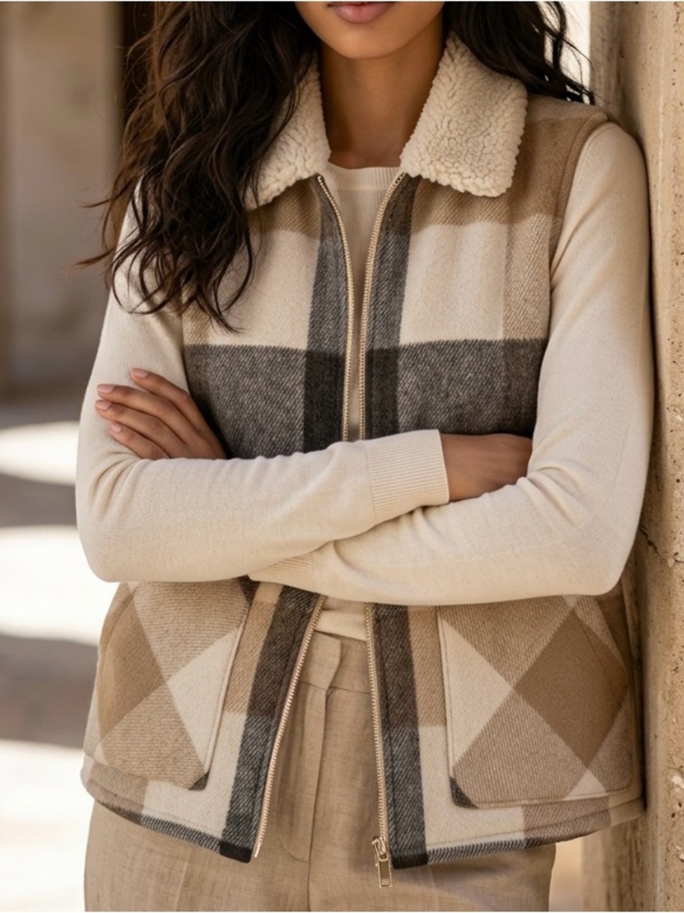 Sanctuary Women's Plaid Mixed Media Sherpa-Lined Vest